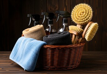 Cleaning supplies arranged in a wicker basket on wood surface