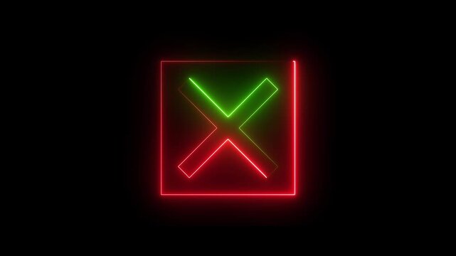 Neon Cross sign icon animation glowing red and green color no reject error wrong cancel incorrect negative warning alert icon sign symbol on black background 