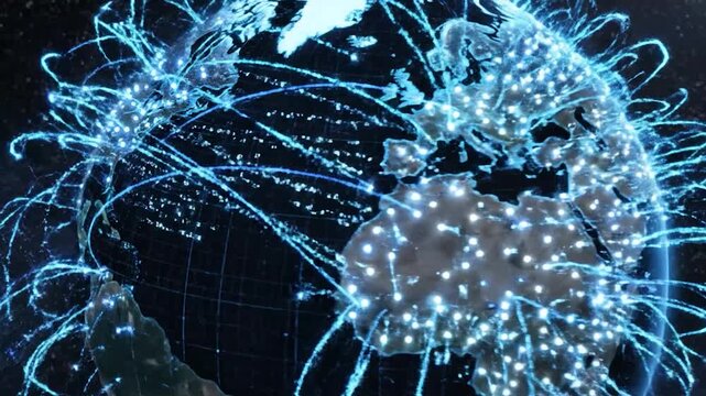 Digital globe with glowing lines connecting locations across continents, symbolizing global networking