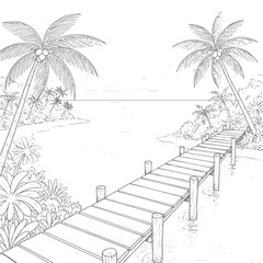 Line Art Sketch of a Tropical Pier with Palm Trees
