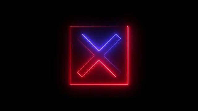 Neon Cross sign icon animation glowing red and blue color no reject error wrong cancel incorrect negative warning alert icon sign symbol on black background 
