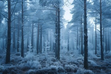 Frosted forest at dawn,