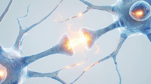 Neurons transmitting electrical signals across synapses in a connected nerve cell network with glowing impulses
