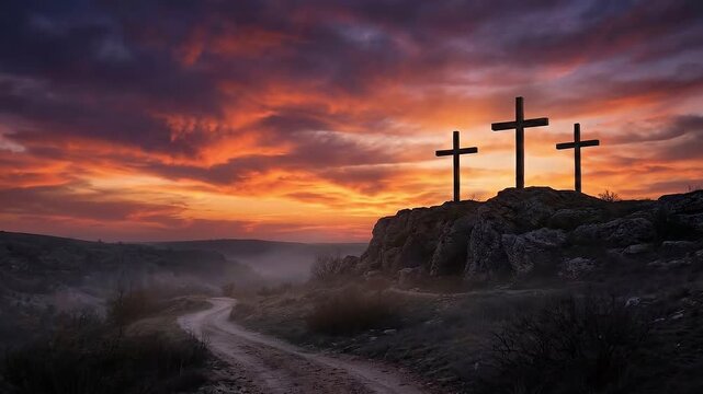 Three Crosses Silhouetted on Hill Against Purple and Orange Sunset