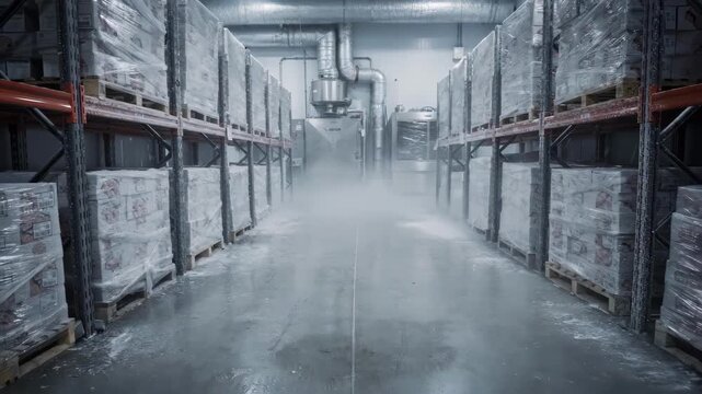 Medium shot of highbay freezer storage filled with boxed frozen seafood pallets enveloped in thick frosty fog highlighting low temperatures and industrial refrigeration setup.