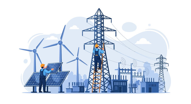 Illustration of workers maintaining a power transmission tower with solar panels and wind turbines in the background against a light blue sky.