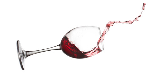 Macro view splashing red wine, falling action on white background. copy space. Close-up red wine glass droplets pouring splash flow.