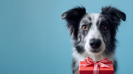 Fototapeta premium Border Collie dog holding a red gift box with a ribbon on a blue background.