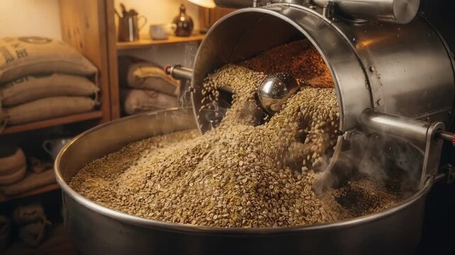 Medium shot of coffee roasting drum filled with beans during light roast showing gentle color change and rising chaff exhaust in a warm rustic environment.