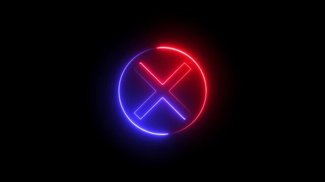 Neon Cross sign icon animation glowing red and blue color no reject error wrong cancel incorrect negative warning alert icon sign symbol on black background 
