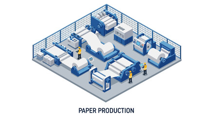 Isometric illustration of a paper production facility with workers operating machinery