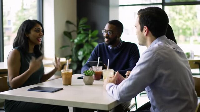 Diverse young professionals in business-casual attire converse, smile, and laugh around a communal table in a bright, modern cafe with natural light, sleek tech devices, and soft bokeh. Cinematic