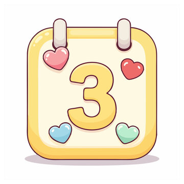 Calendar icon with number three and hearts in a digital illustration style