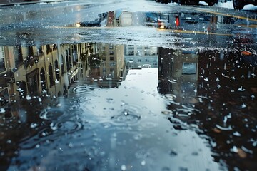 reflections of Sleet falling on urban street