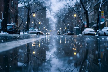 reflections of Sleet falling on urban street