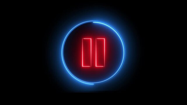 Neon pause button sign icon animation glowing red and blue color player pause circle stop music video and audio media control sign symbol on black background