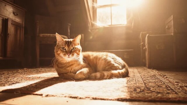A cat lies quietly on a rug in a sunlit indoor space, with light streaming through a window and creating soft patterns on the floor