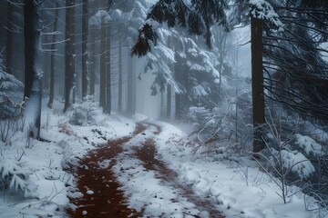 Snowbound forest path in fog