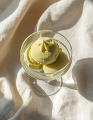 Pistachio gelato in glass coupe flat lay