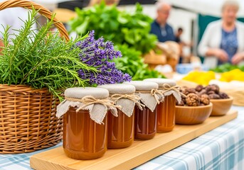 Fresh honey and lavender displayed at an outdoor farmers market stall