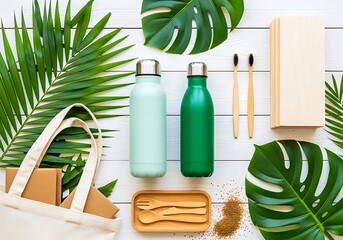 Minimalist flat lay featuring reusable items and tropical monstera leaves