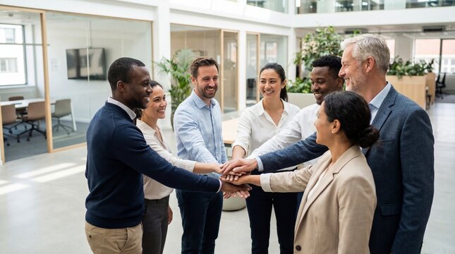 Multiethnic group of happy professionals join hands centrally during a motivational huddle within a modern corporate atrium space.