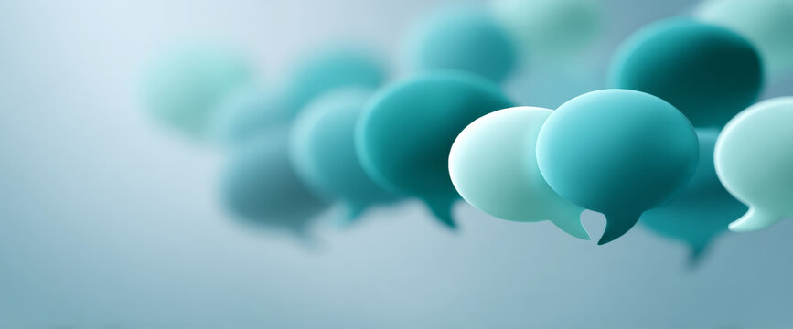 Abstract composition of floating speech bubbles in various shades of teal and blue with soft focus background representing communication and dialogue