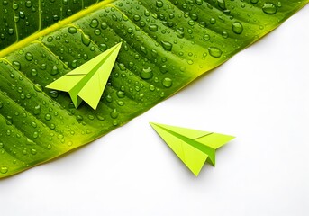 Paper airplanes resting on a vibrant water droplet covered green leaf