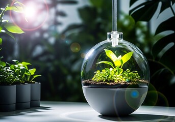 A glowing terrarium nurtures young plants with artificial light