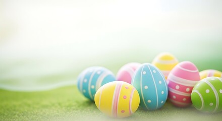 Fototapeta premium A vibrant collection of colorful decorated Easter eggs rests on green grass.