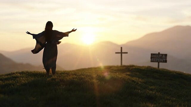 Silhouette of Woman Worshiping with Open Hands on Hill at Sunset