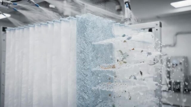 Medium shot showing antimicrobial spray coating process on nonwoven air filters improving airborne pollutant filtration and promoting cleaner indoor air quality.
