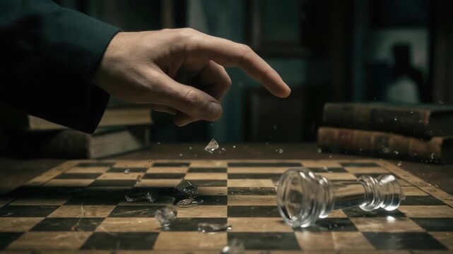 Ai risk strategy controls decision on chess board with glass king falling under human hand amid shattered pieces in dramatic defeat