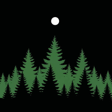 Lush Green Pine Trees Under a Full Moon at Night.