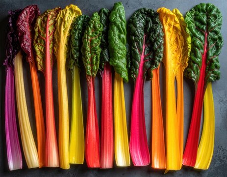 Radiant Rainbows Chard Displaying Fresh And Vibrant Colors Against Dark Tabletop