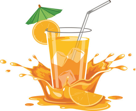 Refreshing Orange Juice Splash Vector &ndash; Citrus Drink with Ice and Straw