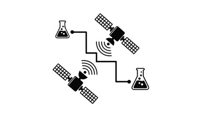 Obraz premium Satellite communication technology concept with spacecraft and laboratory beakers exchanging data signals in a futuristic scientific setting