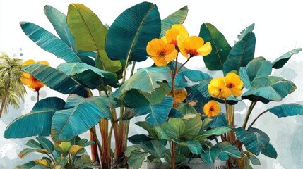 Tropical illustration of vibrant green leaves, yellow blossoms, palm trees on a light watercolor wash background