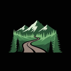 Obraz premium Winding Road Through Lush Green Forest and Majestic Mountains.
