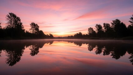 Obraz premium Tranquil lake reflection against a colorful sunset sky
