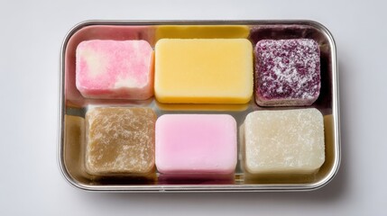 Fototapeta premium Colorful assortment of ice cream bars in a metal tray