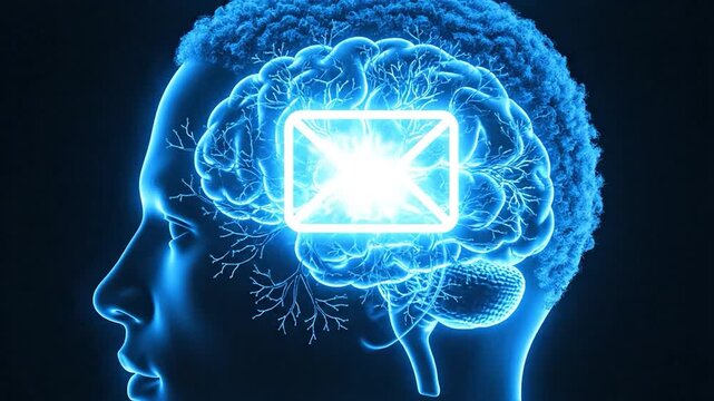 Glowing blue human head with brain and an email envelope icon. Illustration of communication