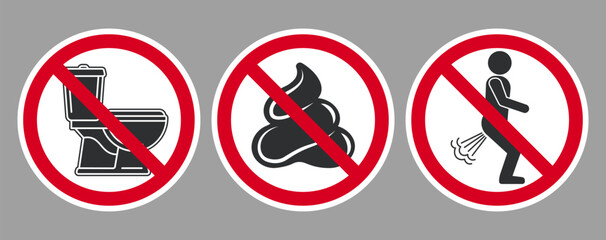 Vector set of round comical prohibition funny signs. Toilet, poop and no farting. Graphic symbols. Isolated background
