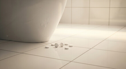 A photo of a clean bathroom floor with camphor tablets scattered around the area near a toilet