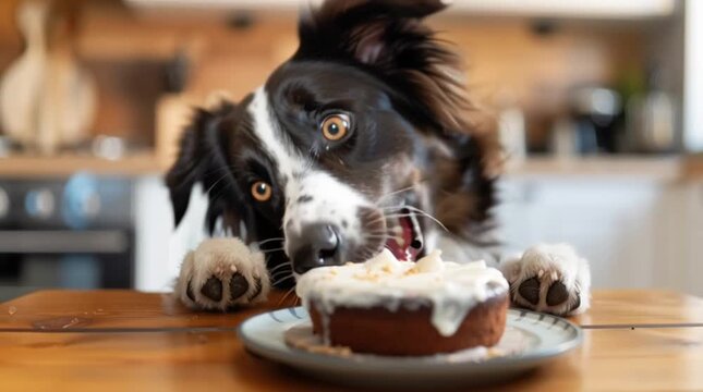 Funny dog standing at table looking at cake, naughty pet behavior in kitchen.