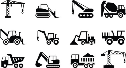 Construction machinery icons, heavy equipment vehicles silhouettes, cranes excavators loaders trucks, industrial building tools vector illustration set for engineering design © New World