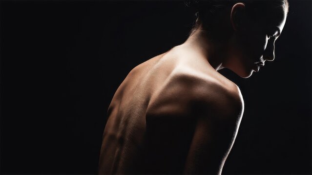 Silhouette of caucasian female: dramatic backlight on young woman's bare back.