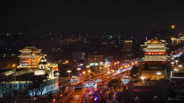 Night view of Zhengyangmen and the Arrow Tower along Beijing&rsquo;s central axis in Beijing, China