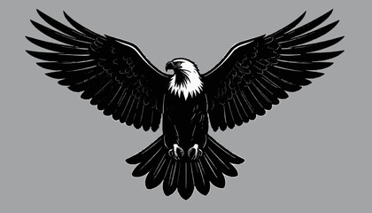 Fototapeta premium Stylized bald eagle with wings fully spread, black-and-white feather detail, white head, hooked beak. Symmetrical design on gray background, symbolizing strength, freedom, and majesty.
