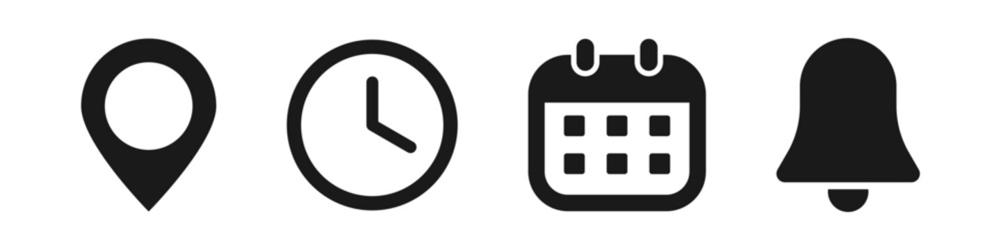 Bell, location, time, calendar and notification icons set. Flat simple illustrations of bell, pin, date and clock.